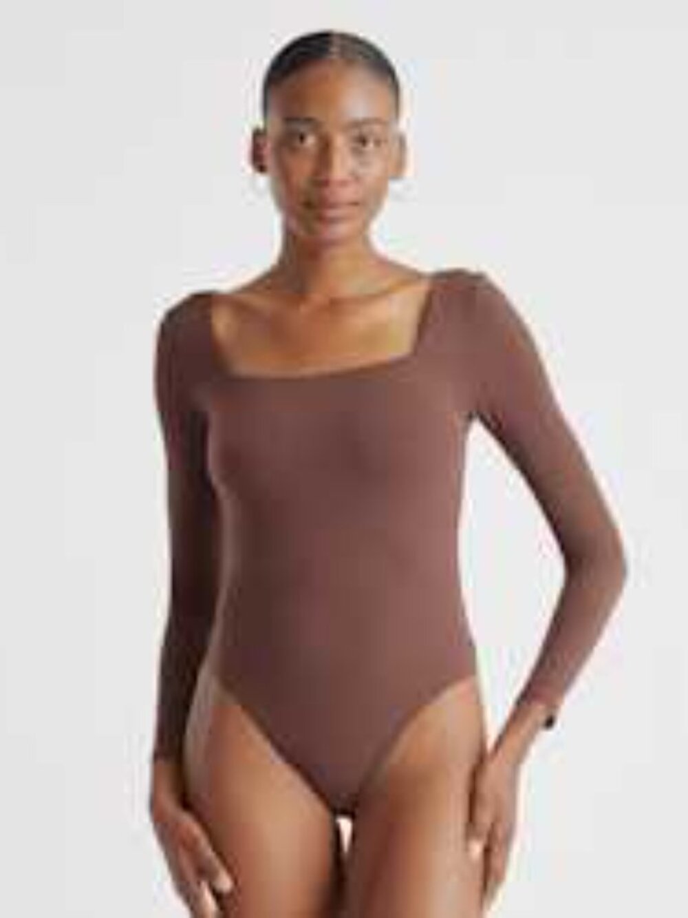Quince Second Skin Square Neck Long Sleeve Bodysuit in Cocoa
